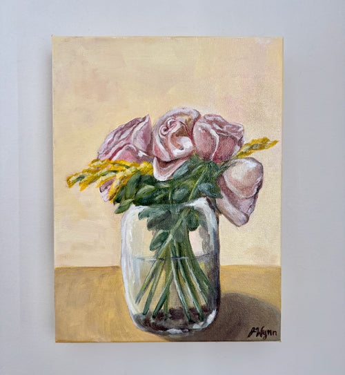 Acrylic painting of pink roses with greenery and yellow flowers in a glass vase on a yellow background. view of painting on wall