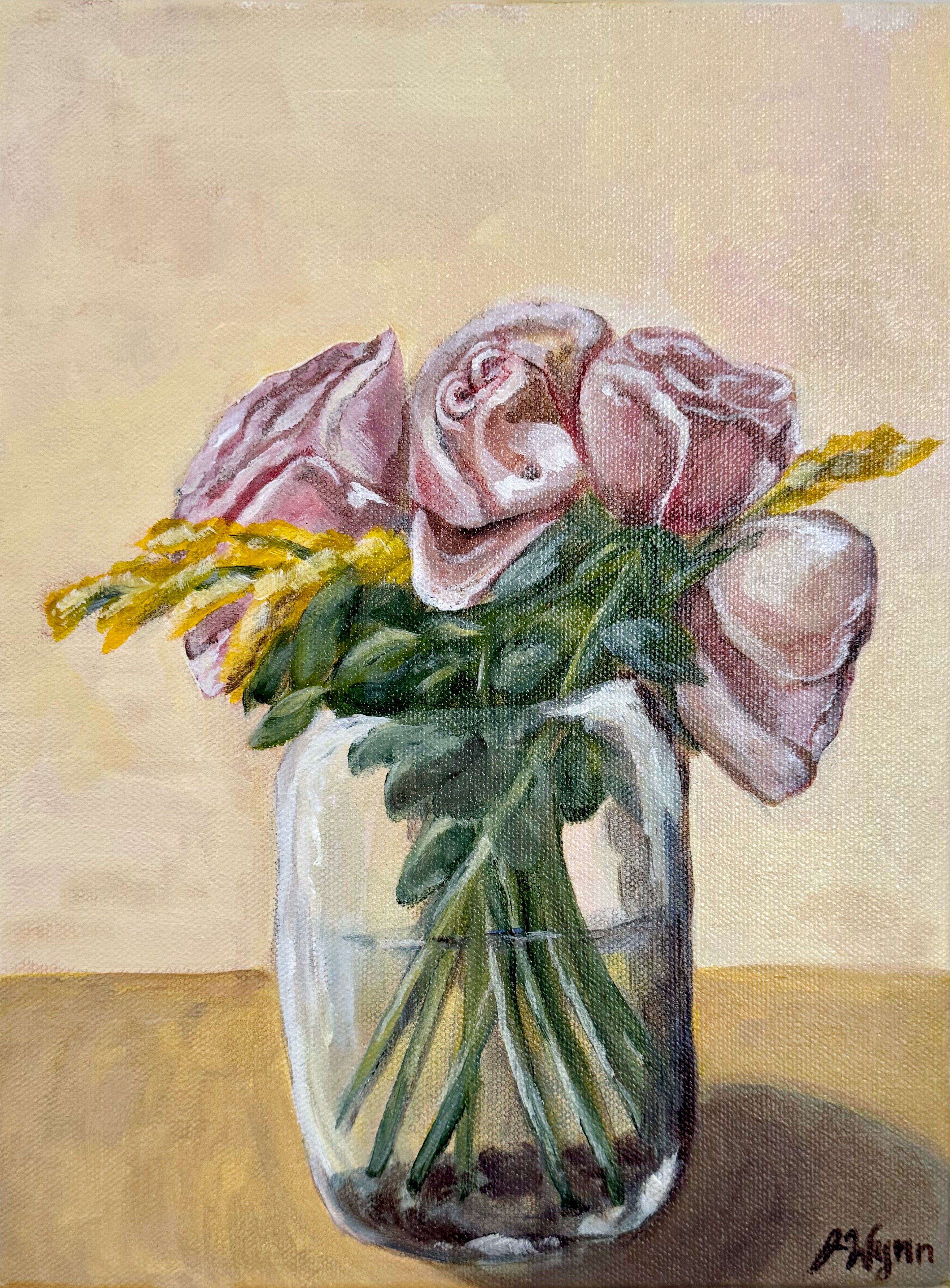 Acrylic painting of pink roses with greenery and yellow flowers in a glass vase on a yellow background
