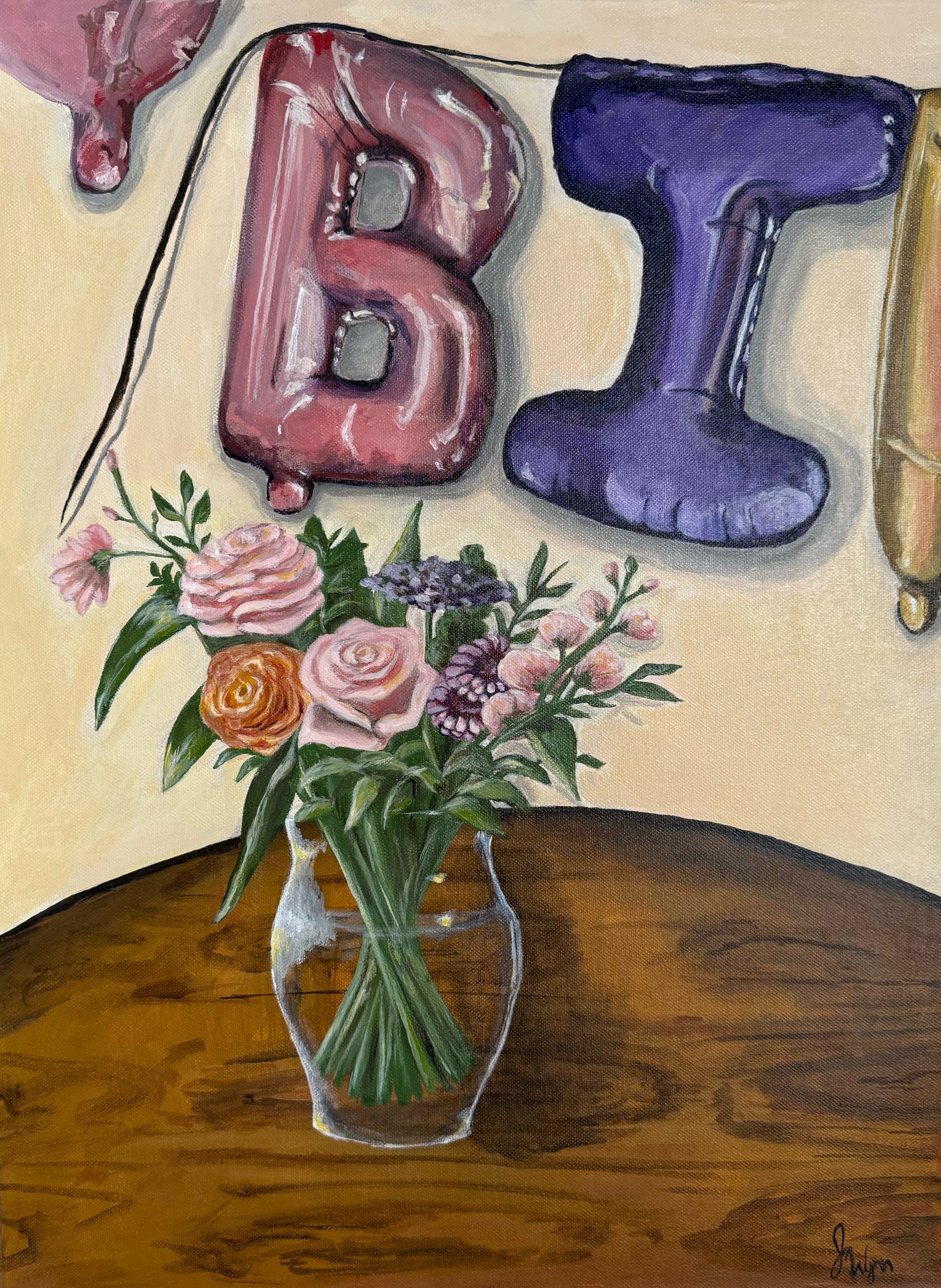 painting of decorative setup with balloon letters 'BI' and part of two other balloons and a vase of pink, purple, orange flowers and greenery in clear vase on a wooden table. 