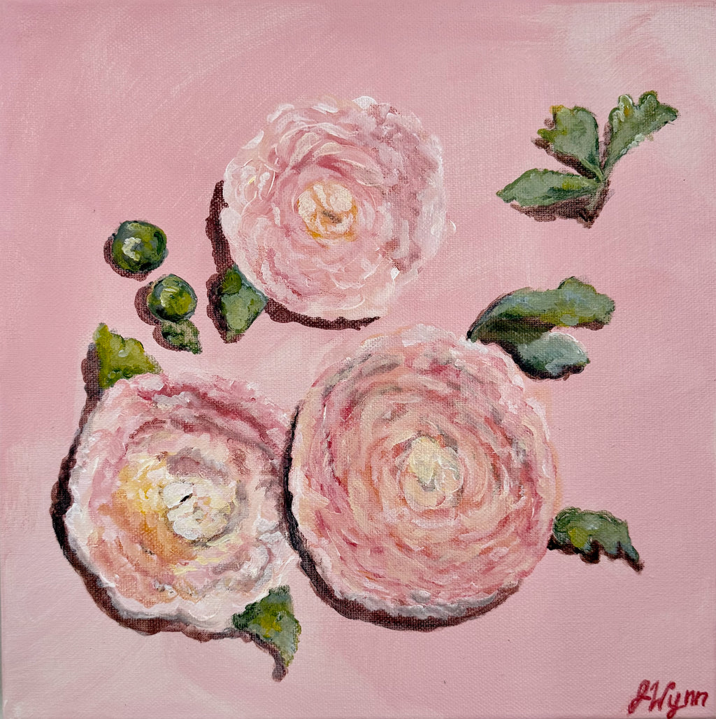 Painting of pink flowers with green leaves on a pink background