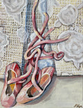 painting of pink ballet shoes with ribbons on a white lace textured background.